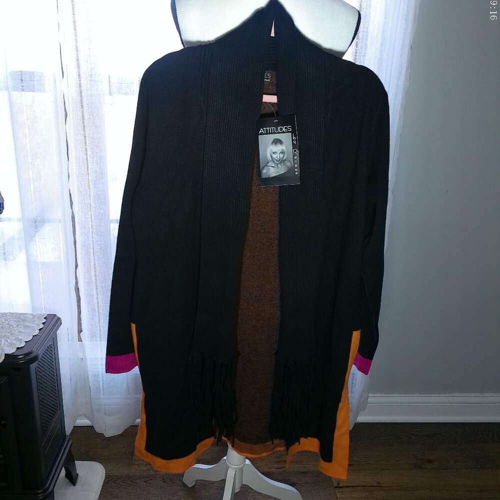 ATTITUDES by RENEE Cardigan w/Fringe Open Front Black w/Color Trim NWT M
